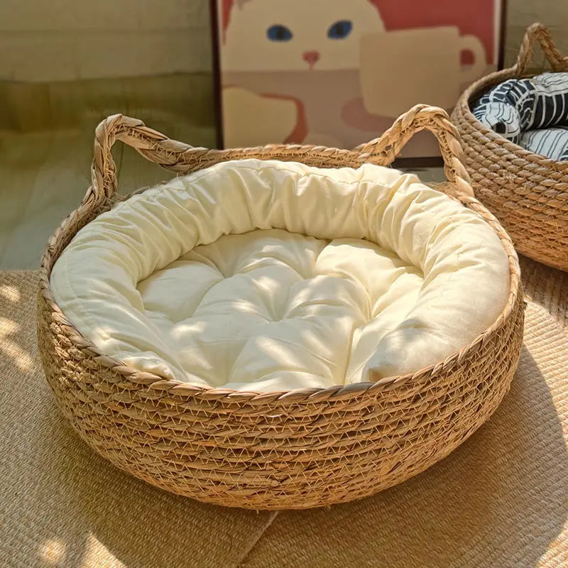 Panier en Rotin Tressé pour Chat – Corbeille Ronde avec Coussin
