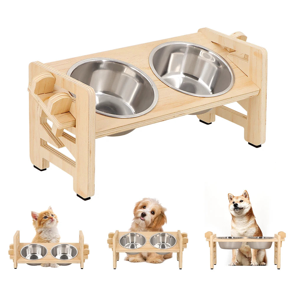 Gamelle Surélevée Réglable – Support en Bois & 2 Bols Inox pour Petit Chien et Chat