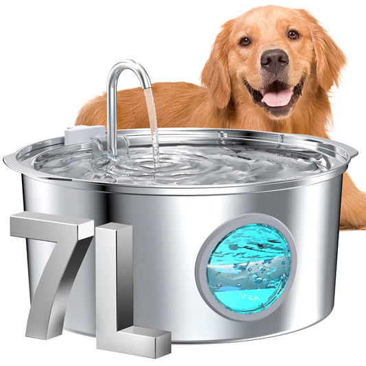 Large 7L Water Fountain for Dogs - Stainless Steel, Quiet, for Dogs and Cats