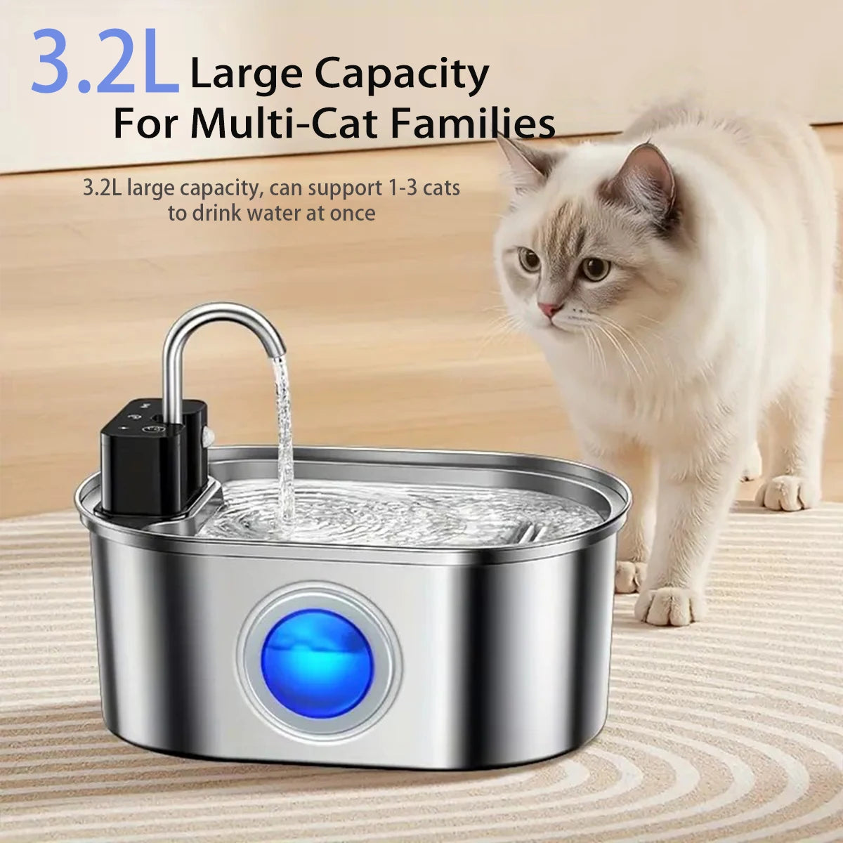 Fontaine à Eau Connectée pour Chat 3,2L – Inox Silencieuse Sans Fil