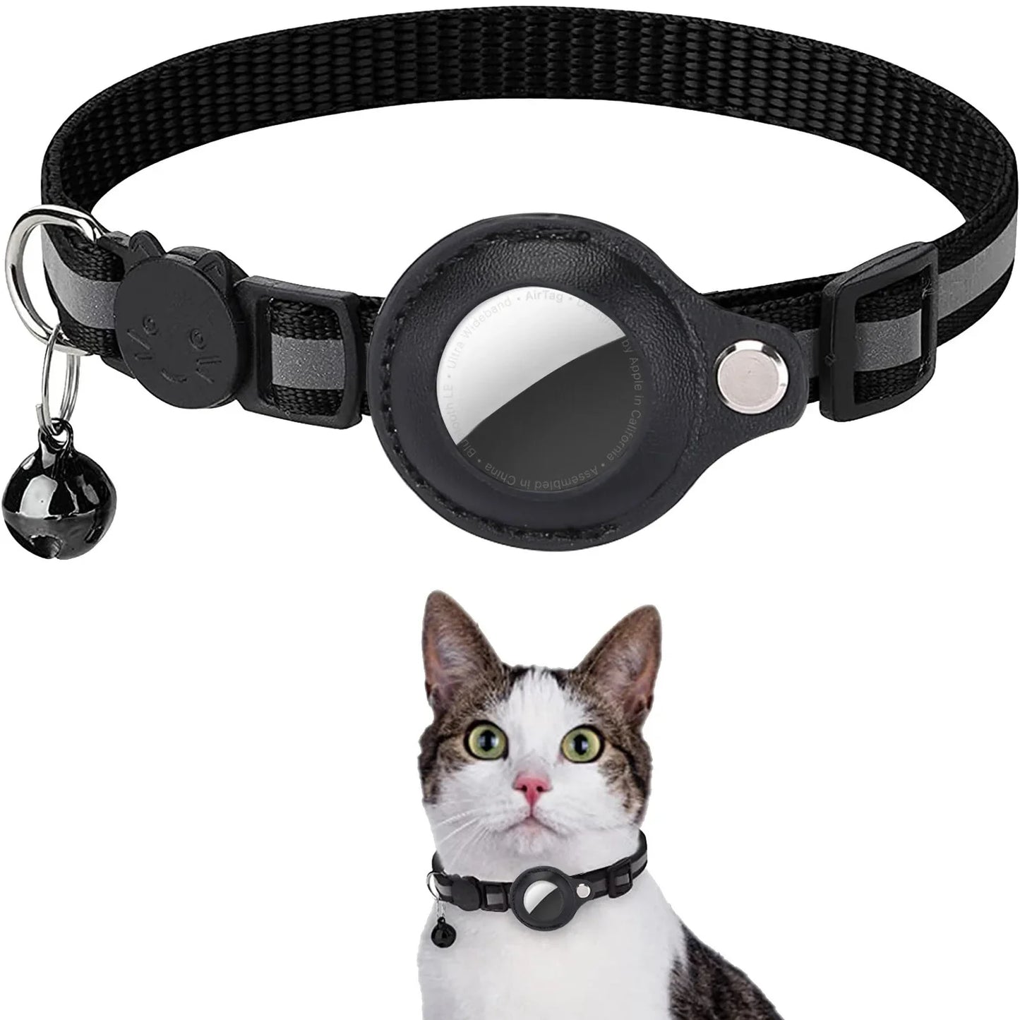 Collier AirTag pour chat noir avec étui AirTag, clochette et boucle anti-étranglement