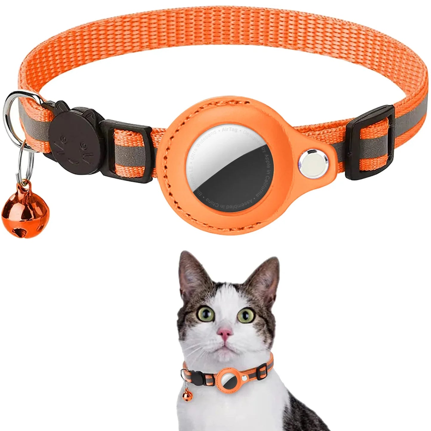 Collier AirTag pour chat coloris orange avec clochette et bandes réfléchissantes