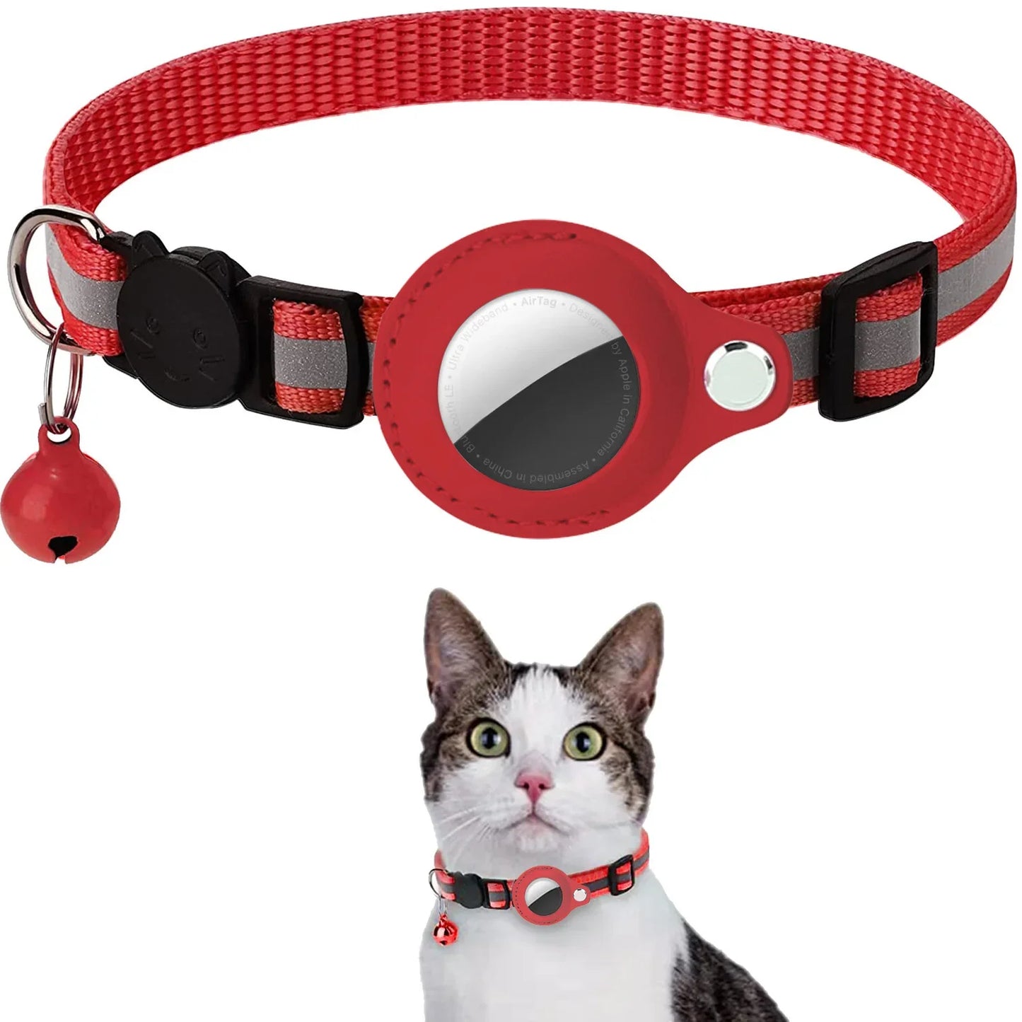 Collier AirTag pour chat coloris rouge avec clochette et bandes réfléchissantes