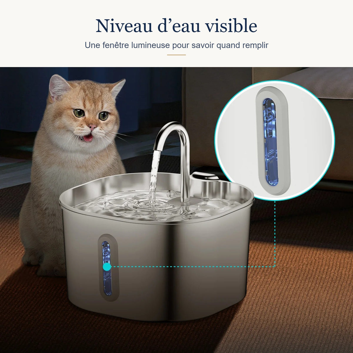 Fontaine ZenFlow – fenêtre de niveau d’eau lumineuse