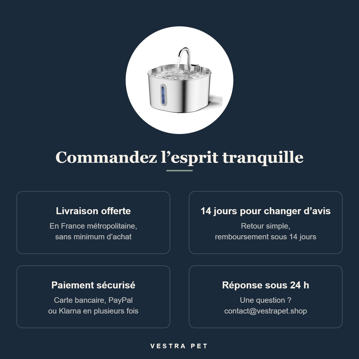 Fontaine ZenFlow pour chat : livraison offerte, retour 14 jours, paiement sécurisé