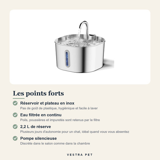 Points forts de la fontaine ZenFlow inox 2,2 L pour chat